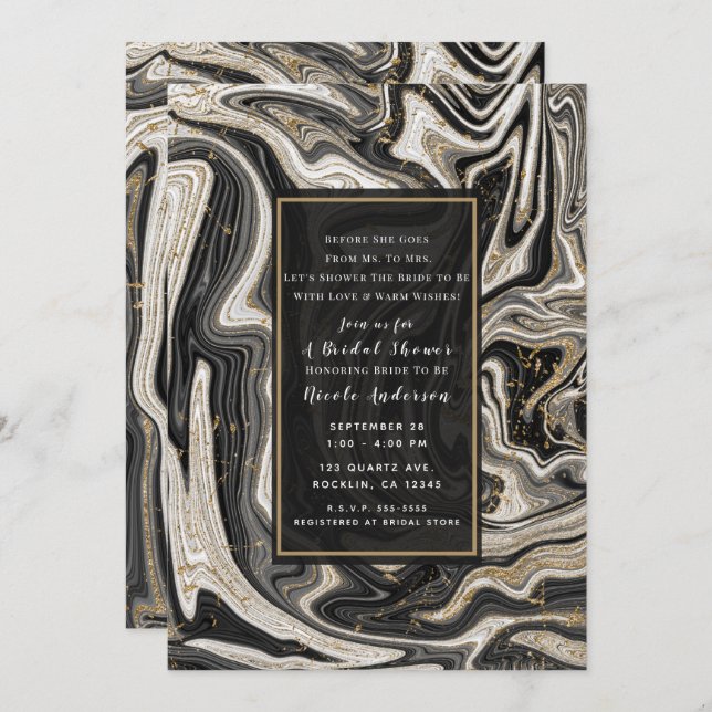 Invitation Black White & Gold Chic Swirl Fête des mariées mod (Devant / Derrière)