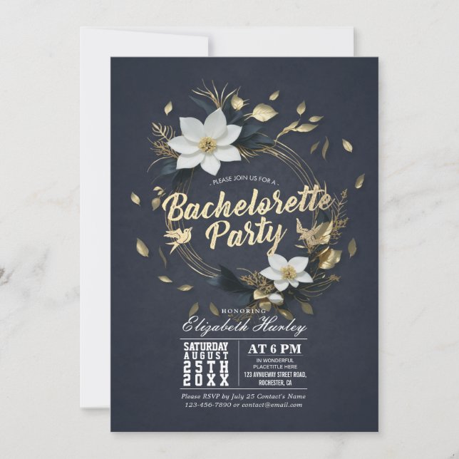 Invitation Black White Gold Floral Wreath (Devant)
