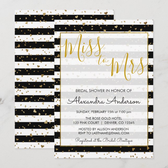 Invitation Black & White Gold Foil Mlle à Mme Fête des mariée (Devant / Derrière)
