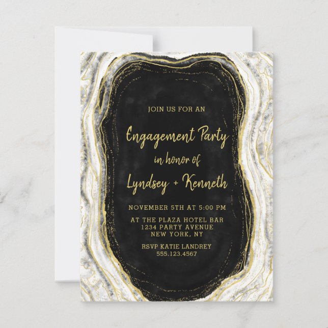 Invitation Black White & Gold Géode Agate Party (Devant)