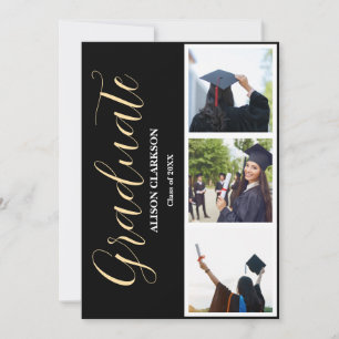 Invitation Black & White Gold Graduation 2025 3 Photos Party