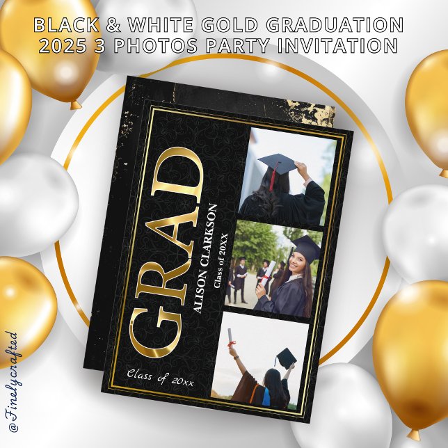 Invitation Black & White Gold Graduation 2025 3 Photos Party (Créateur téléchargé)