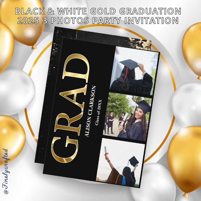 Invitation Black & White Gold Graduation 2025 3 Photos Party (Créateur téléchargé)