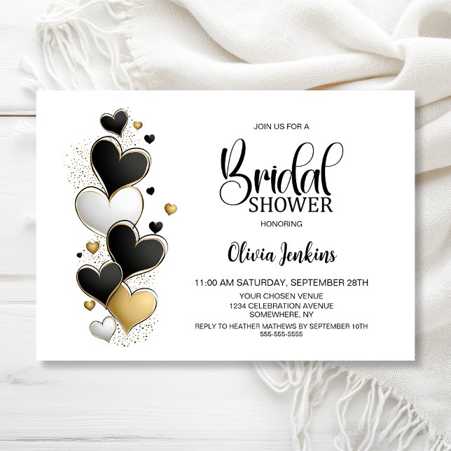 Invitation Black White Gold Hearts Bridal Shower (Créateur téléchargé)