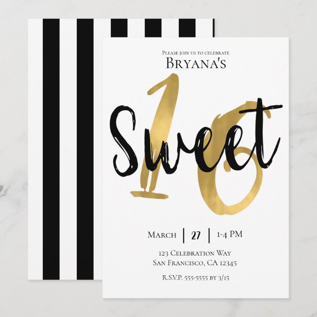 Invitation Black White Gold Modern Sweet 16 Anniversaire (Devant / Derrière)