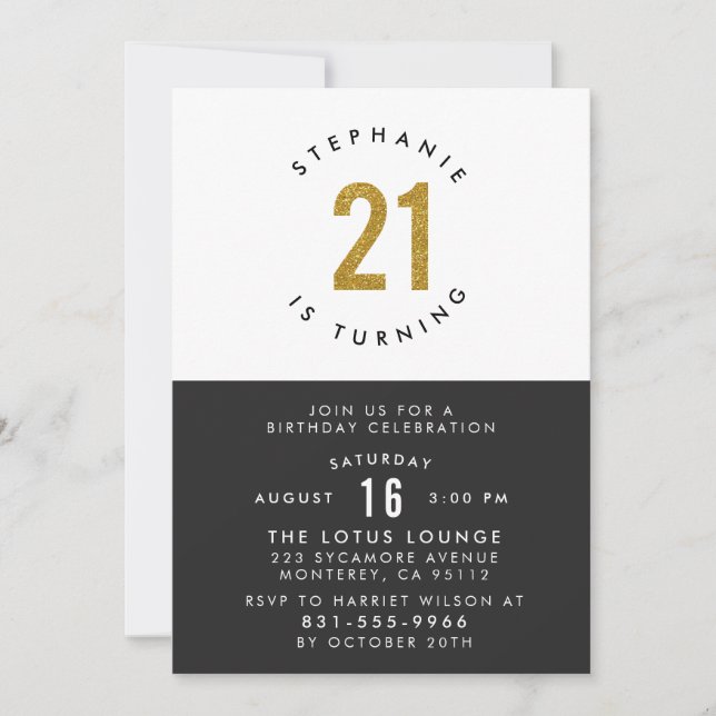 Invitation Black White & Gold Moderne 21e fête d'anniversaire (Devant)