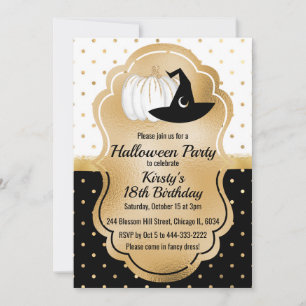 Invitation Black & White Gold Spots Halloween Anniversaire