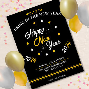 Invitation Black White & Gold Star Bonne année 2024