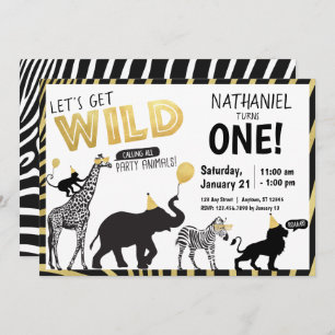 Invitation Black White Gold Wild One Party Anniversaire anima