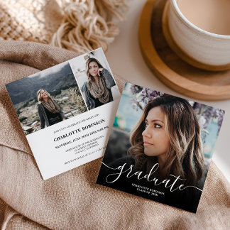 Invitation Black white graduate script photo graduation