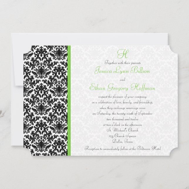 Invitation Black, White, Green Mariage damassé (Devant)