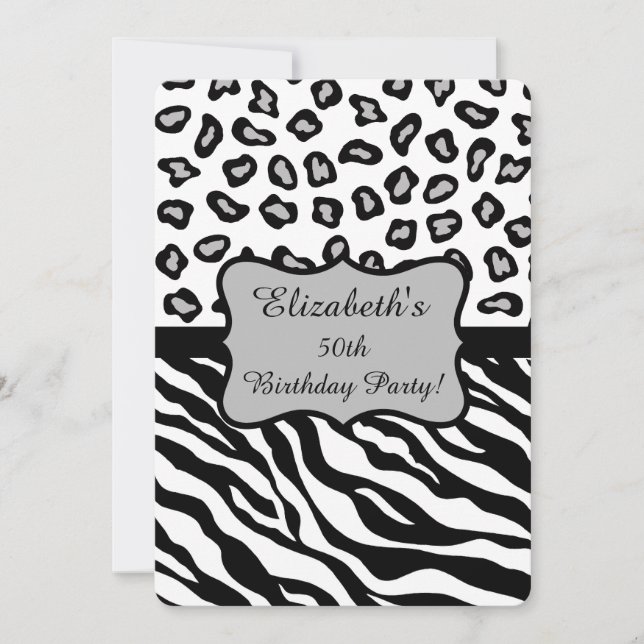 Invitation Black White Grey Zebra Leopard Skin 50e anniversai (Devant)