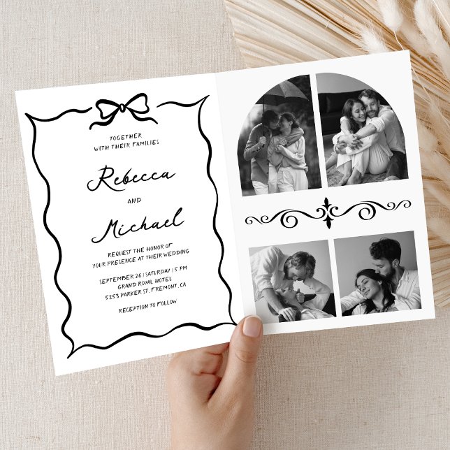 Invitation Black & White Hand Drawn Bow QR Code Photo Wedding (Créateur téléchargé)