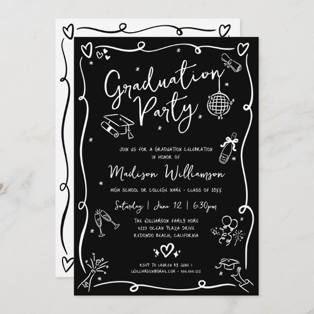 Invitation Black White Hand Drawn Doodles Graduation Party (Devant / Derrière)