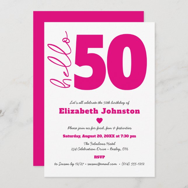 Invitation Black White Hot Pink Hello 50 Fabulous Birthday (Devant / Derrière)