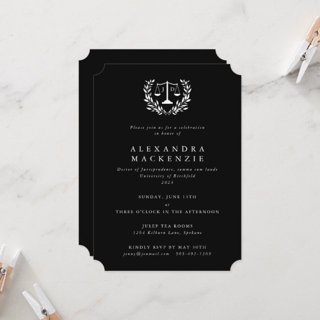 Invitation Black+White JD Law Scales Laurel Wreath Party Invi (Devant/Arrière en situation)