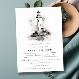 Invitation Black & White Lighthouse Croquis Couples Douche