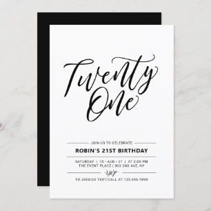 Invitation Black & White Minimal 21e fête d'anniversaire
