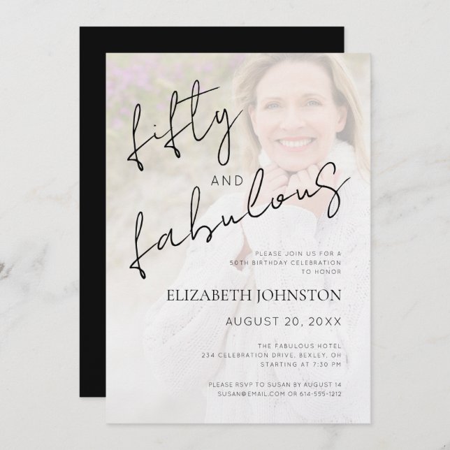 Invitation Black White Minimal Photo 50 and Fabulous Birthday (Devant / Derrière)