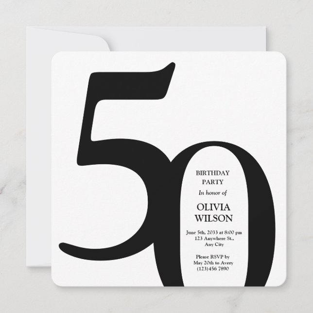 Invitation Black & White Minimalist Milestones 50th Birthday  (Devant)