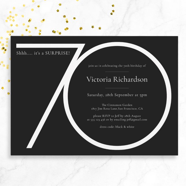 Invitation Black White Minimaliste Surprise 70e anniversaire (Mockup View)