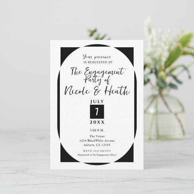Invitation Black & White Modern Minimal Engagement Party (Debout devant)