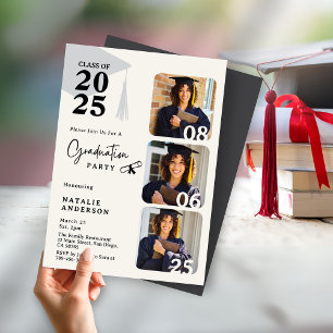 Invitation Black & White moderne 3 Photos Graduation Party
