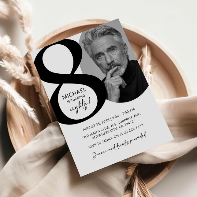 Invitation Black & White moderne 80ème Photo Anniversaire (Créateur téléchargé)