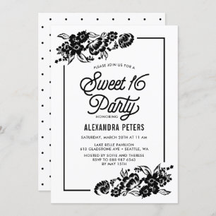 Invitation Black & White Moderne Accents Floraux Sweet sixtee