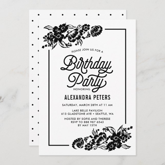 Invitation Black & White Moderne Floral Accents Anniversaire  (Devant / Derrière)