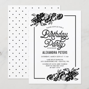 Invitation Black & White Moderne Floral Accents Anniversaire