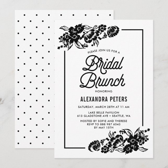 Invitation Black & White Moderne Flore Accents Brunch nuptial (Devant / Derrière)