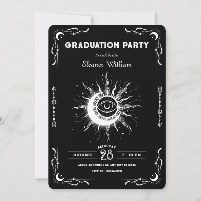 Invitation Black white moon sun tarot celestial graduation (Devant)