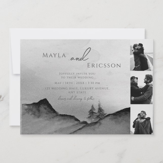 Invitation Black White Mountains Pine Trees 3 Photos Mariage (Devant)