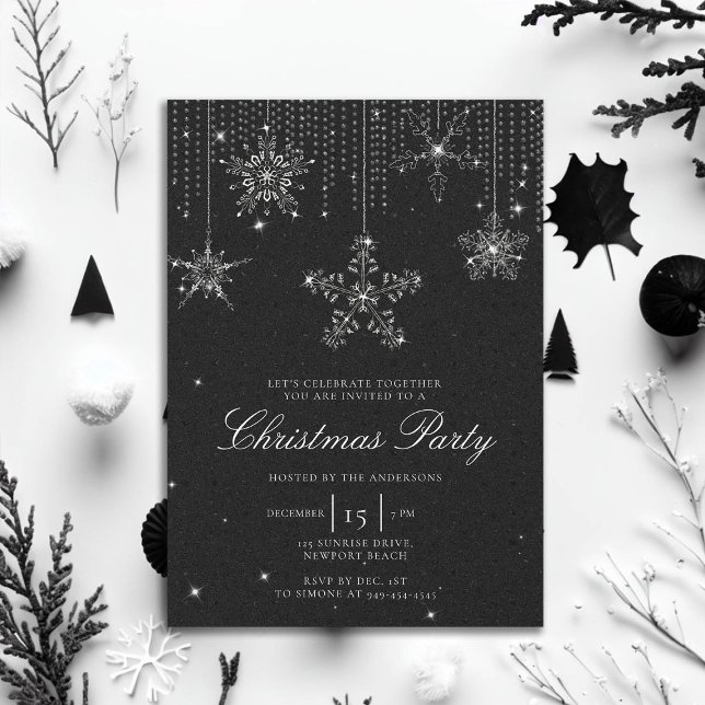 Invitation Black White Parties scintillant Drivers Snowflakes (rhinestones glitter drips christmas party invitation elegant black white modern minimalist classy)