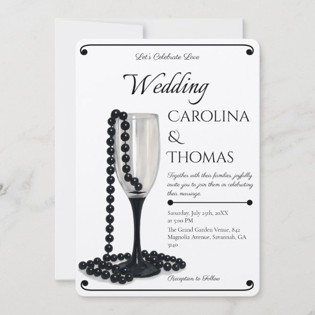 Invitation Black & White Pearl Champagne Glass Wedding (Devant)