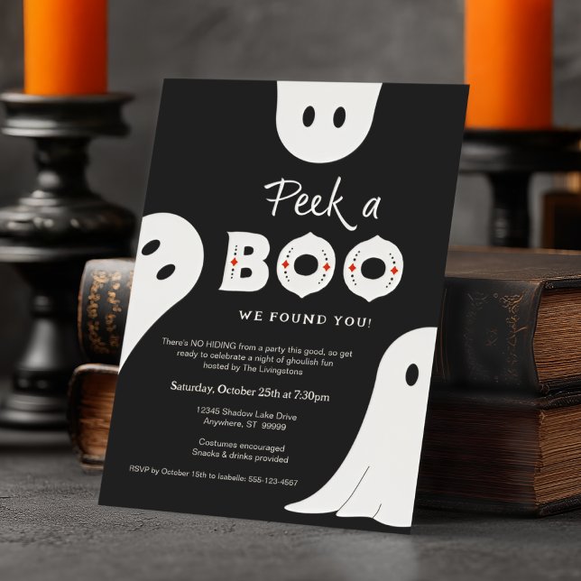Invitation Black White Peek Un Boom Ghosts Halloween Party (Shown on a 5" x 7" invitation)