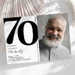 Invitation Black White Photo 70th Birthday Party<br><div class="desc">Créez des souvenirs durables à votre 70ème anniversaire de bash avec ces invitations classiques de fête d'anniversaire en noir et blanc! Avec une grande police serif audacieuse montrant le numéro '70', une photo du garçon / fille d'anniversaire, et un modèle moderne facile à personnaliser, ces invitations capteront l'esprit de l'occasion....</div>