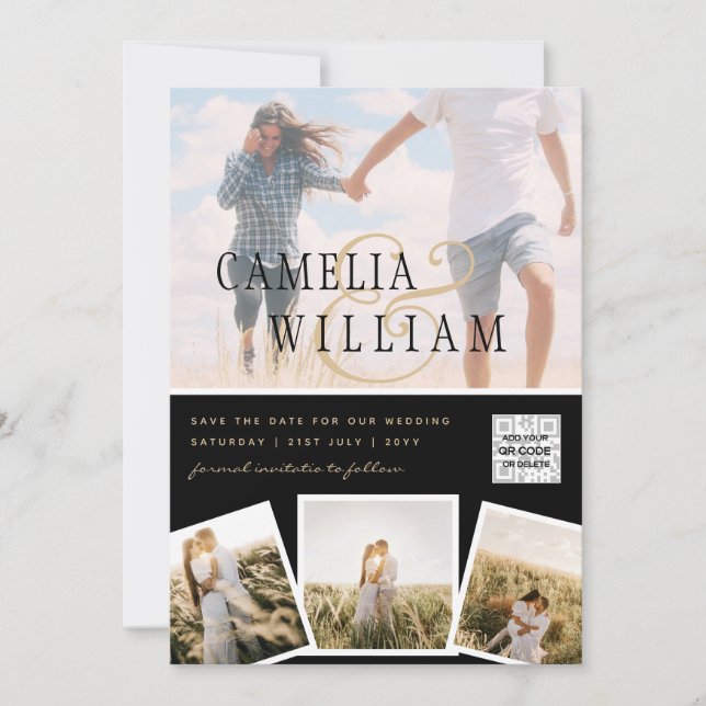 Invitation Black White PHOTO Wedding Inviter QR CODE Enregist (Devant)