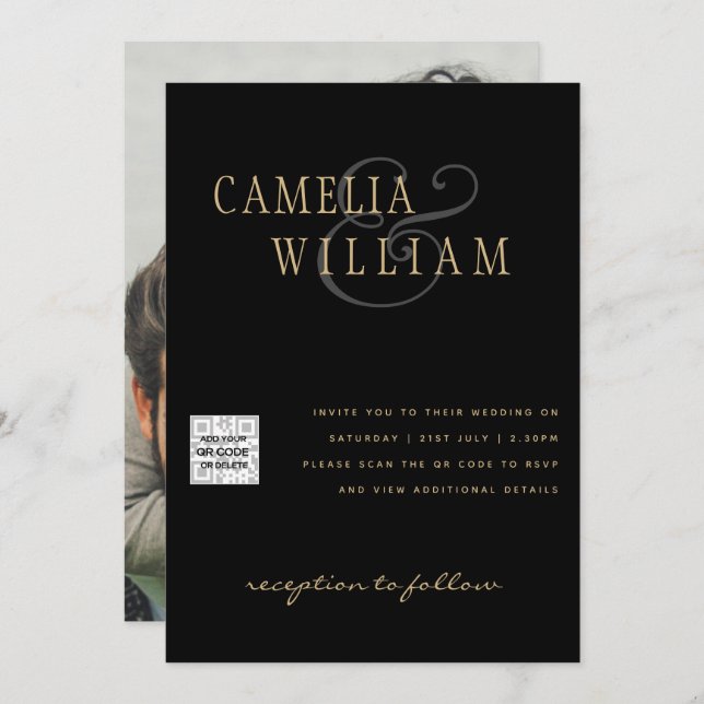Invitation Black White PHOTO Wedding Inviter QR CODE Enregist (Devant / Derrière)