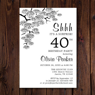 Invitation Black White Pine Branch Surprise 40e anniversaire