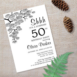 Invitation Black White Pine Branch Surprise 50e anniversaire