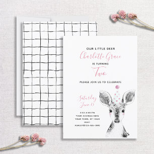 Invitation Black & White Pink Deer Girl 2e anniversaire