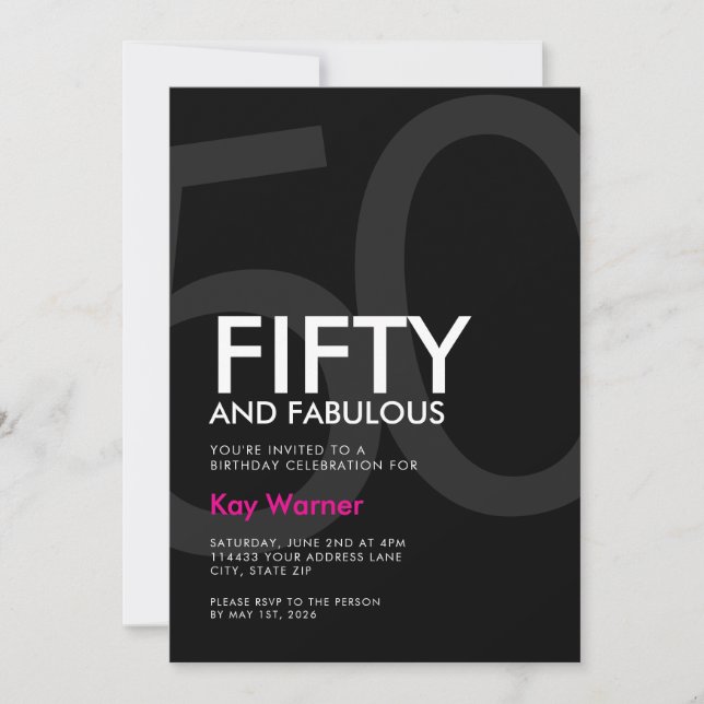Invitation Black White Pink Fifty and Fabulous 50th Birthday (Devant)