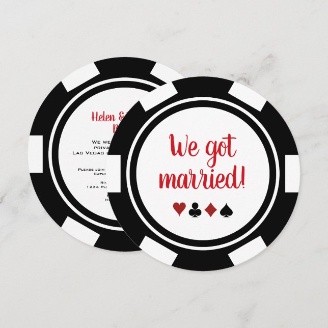 Invitation Black White Poker Chip Mariage Elopement Annonce (Devant / Derrière)