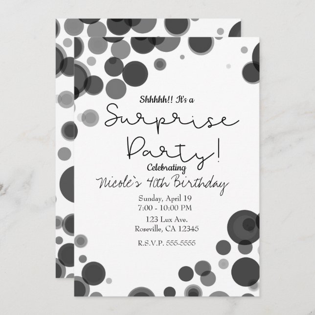 Invitation Black White Polka Dot Bulles Surprise (Devant / Derrière)