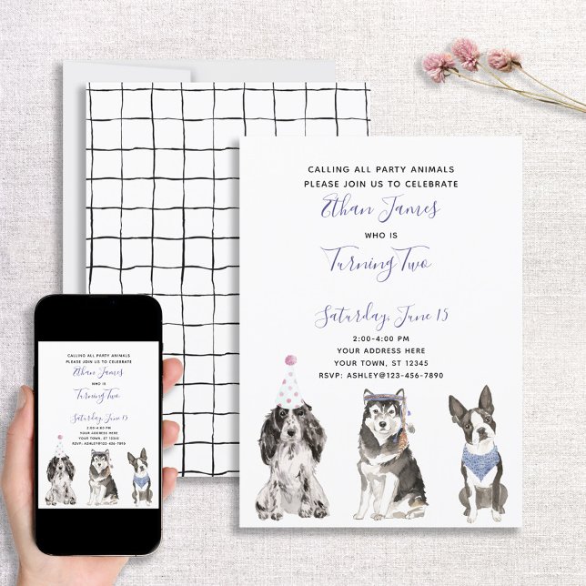 Invitation Black White Purple Dog Baby's 2nd Birthday Party (Créateur téléchargé)