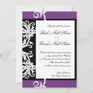 Invitation Black White Purple Heart Mariage damassé Invitatio
