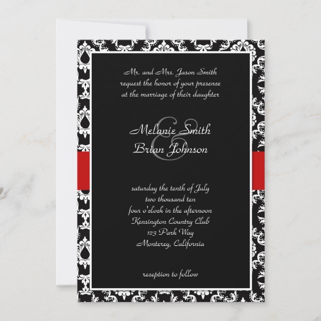 Invitation Black White Red Damask (Devant)