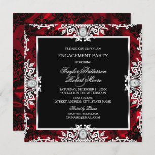 Invitation Black White Red Diamond Damask Engagement Party